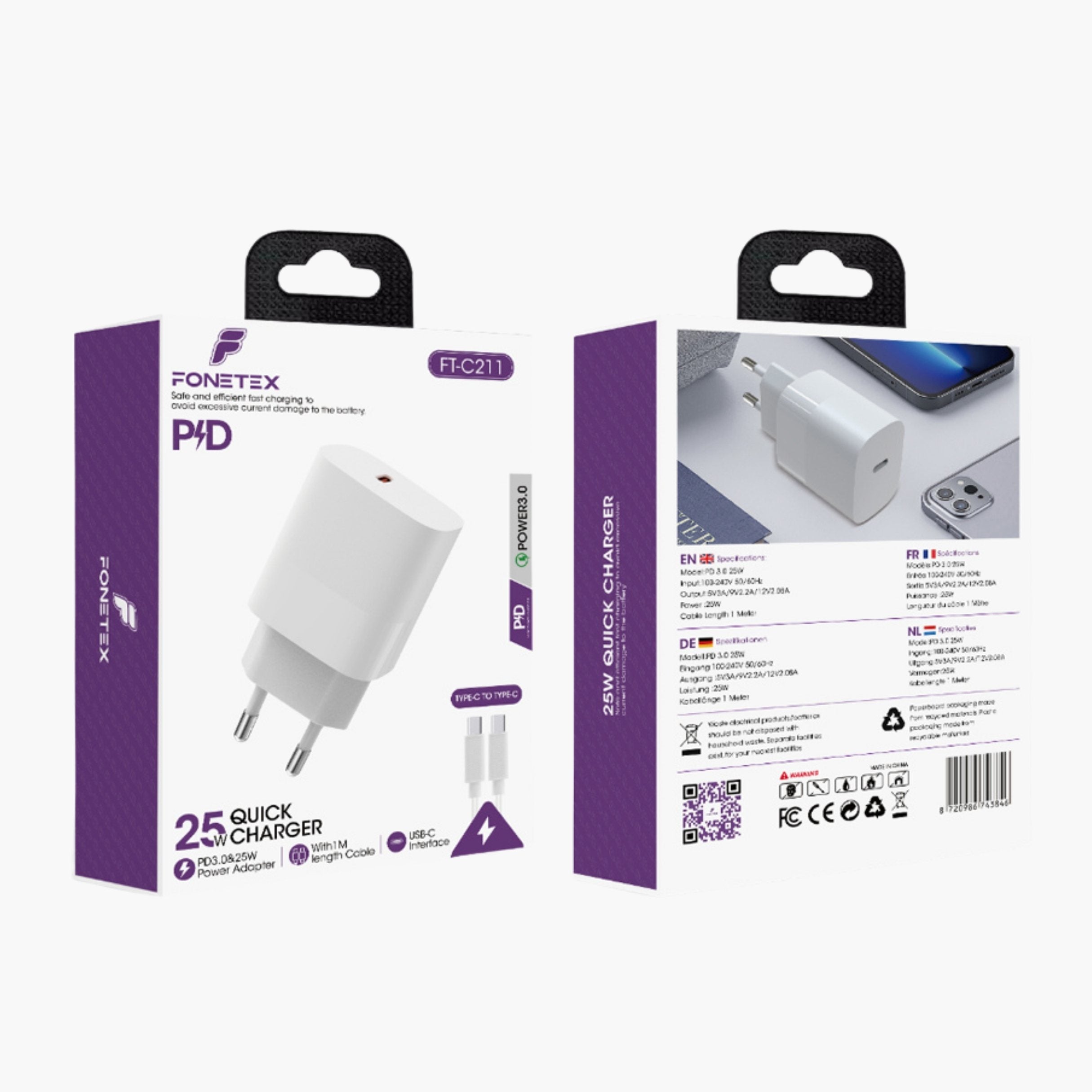25W Type-C Snellader + Kabel